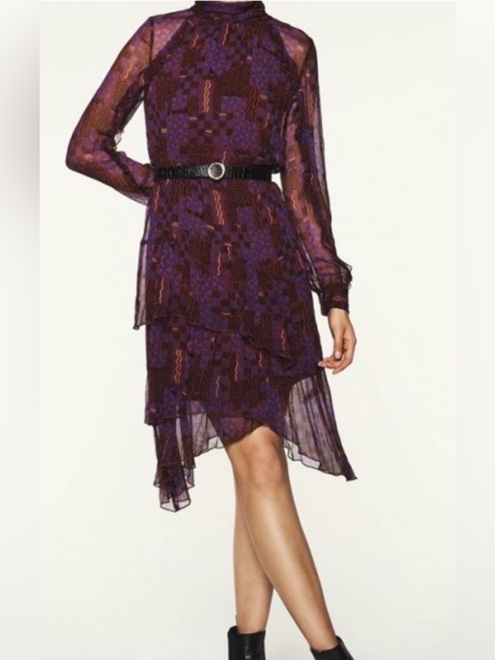 ba&sh Macha Geo Print Long Sleeve Tiered Handkerchief Hem Dress  Sz M
